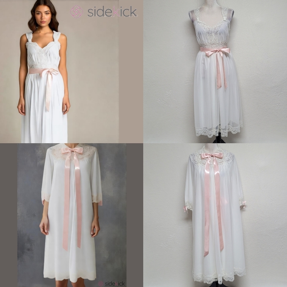 Lady Leonora Rare Vintage 40s White Chiffon Pink Satin Lace Peignoir Two-Piece - Picture 1 of 16